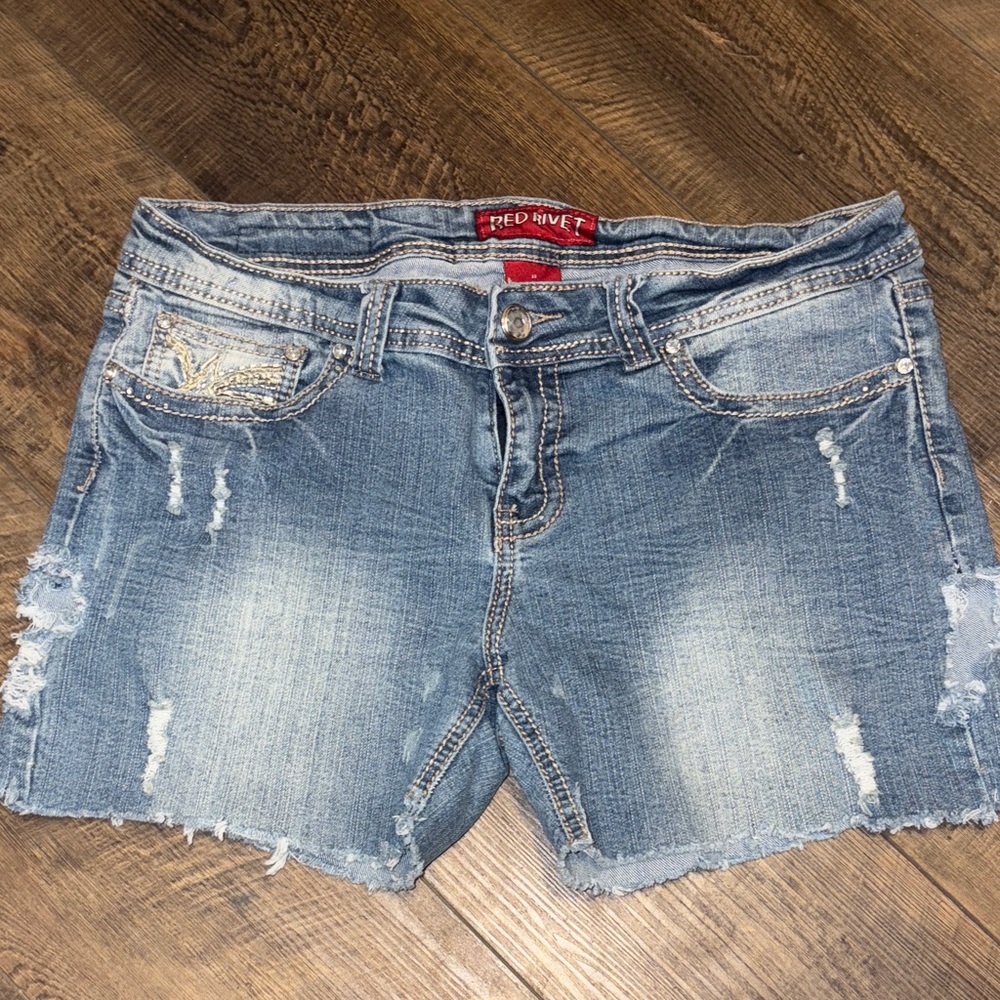 Red Rivet Light Blue Denim Shorts